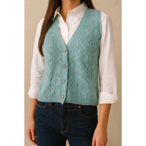 JDY Vintage Y2K SZ S Cable Knit Button Front Vest Green Diamond Gold Buttons - Picture 1 of 7